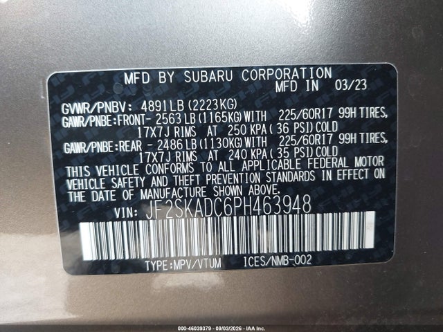 2023 Subaru Forester Premium მანქანა იყიდება აუქციონზე, vin: JF2SKADC6PH463948, აუქციონის ნომერი: 46039379