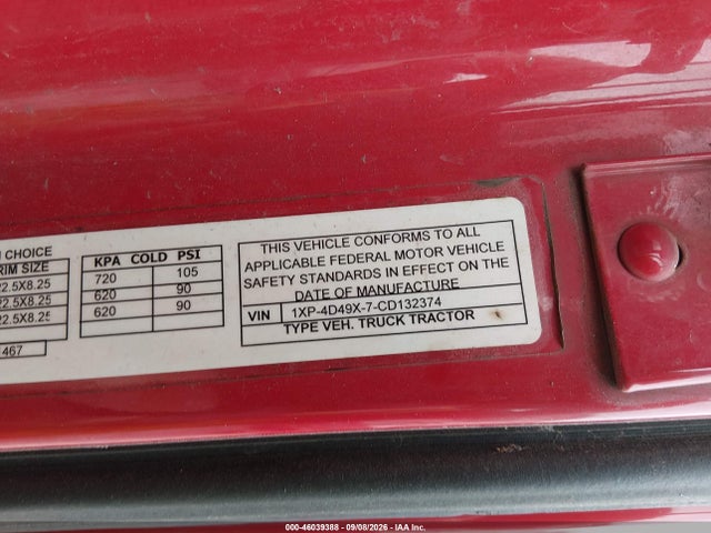 46039388 :رقم المزاد ، 1XP4D49X7CD132374 vin ، 2012 Peterbilt 587 مزاد بيع
