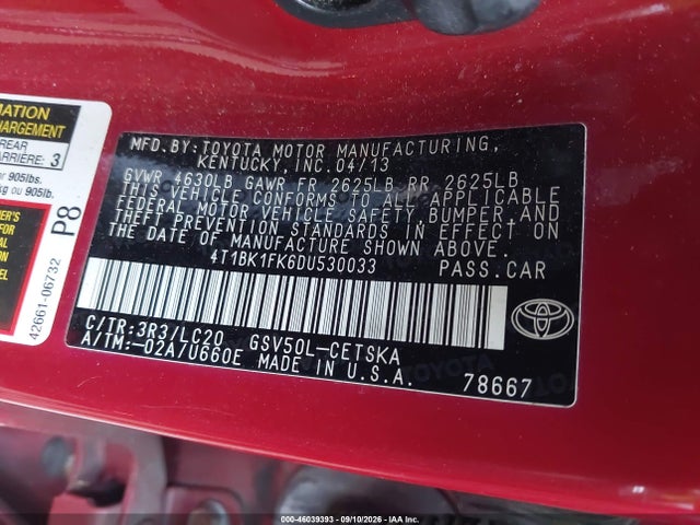 2013 Toyota Camry Se V6 მანქანა იყიდება აუქციონზე, vin: 4T1BK1FK6DU530033, აუქციონის ნომერი: 46039393