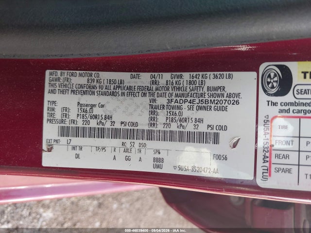 Продажа на аукционе авто 2011 Ford Fiesta Se, vin: 3FADP4EJ5BM207026, номер лота: 46039400
