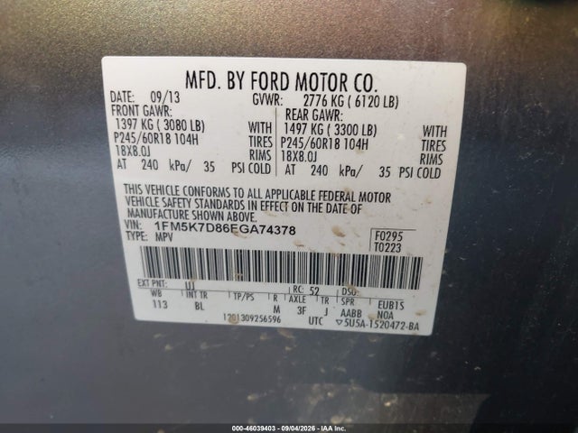 Продаж на аукціоні авто 2014 Ford Explorer Xlt, vin: 1FM5K7D86EGA74378, номер лоту: 46039403