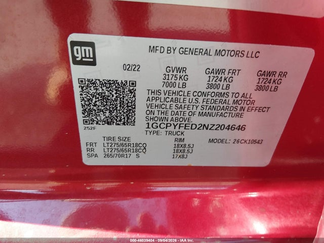 Продаж на аукціоні авто 2022 Chevrolet Silverado 1500 Ltd 4wd  Short Bed Lt Trail Boss, vin: 1GCPYFED2NZ204646, номер лоту: 46039404