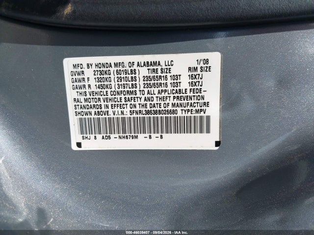 Aukcja sprzedaży 2008 Honda Odyssey Ex-l, vin: 5FNRL38638B026680, numer aukcji: 46039407