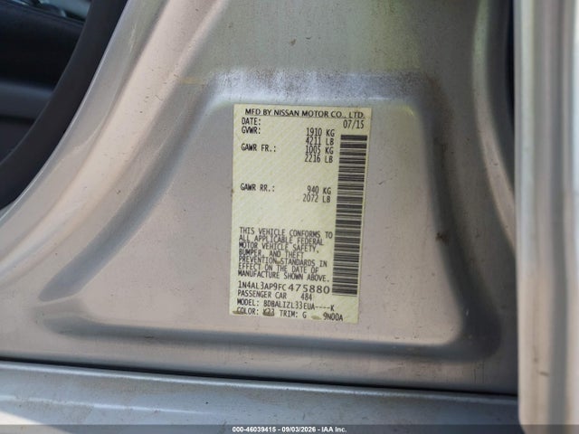 2015 Nissan Altima 2.5 Sv მანქანა იყიდება აუქციონზე, vin: 1N4AL3AP9FC475880, აუქციონის ნომერი: 46039415