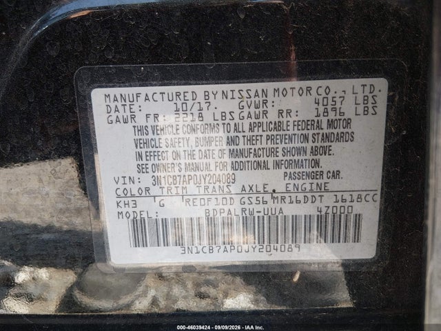 2018 Nissan Sentra Sr Turbo მანქანა იყიდება აუქციონზე, vin: 3N1CB7AP0JY204089, აუქციონის ნომერი: 46039424