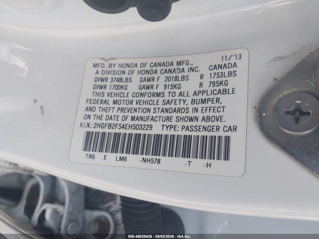2014 Honda Civic Lx მანქანა იყიდება აუქციონზე, vin: 2HGFB2F54EH503229, აუქციონის ნომერი: 46039426
