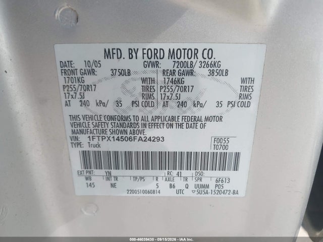 2006 Ford F-150 Fx4/lariat/xl/xlt მანქანა იყიდება აუქციონზე, vin: 1FTPX14506FA24293, აუქციონის ნომერი: 46039430