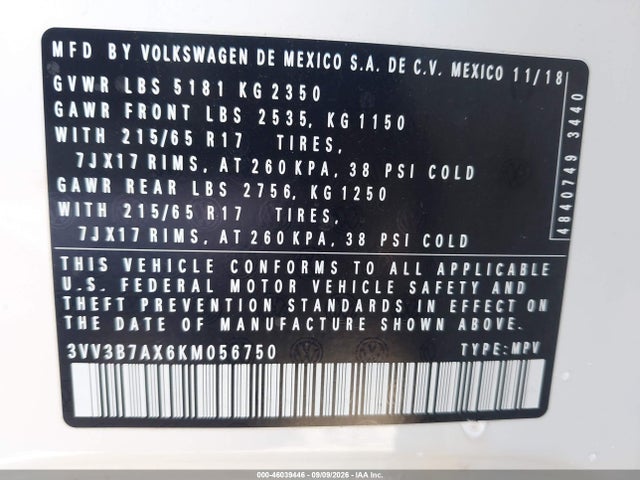 Продажа на аукционе авто 2019 Volkswagen Tiguan 2.0t Se/2.0t Sel/2.0t Sel R-line/2.0t Sel R-line Black, vin: 3VV3B7AX6KM056750, номер лота: 46039446