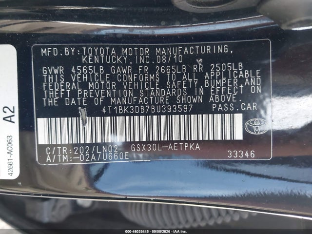 2011 Toyota Avalon Limited მანქანა იყიდება აუქციონზე, vin: 4T1BK3DB7BU393597, აუქციონის ნომერი: 46039445