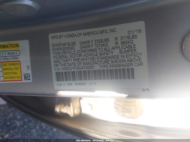 Aukcja sprzedaży 2018 Honda Accord Sport, vin: 1HGCV1F30JA102207, numer aukcji: 46039448
