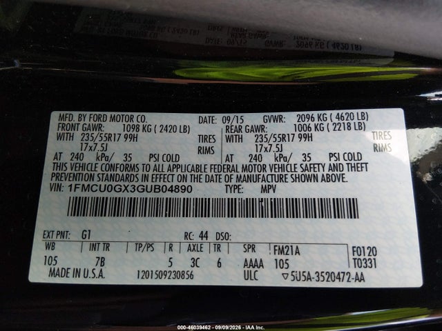 46039462 :رقم المزاد ، 1FMCU0GX3GUB04890 vin ، 2016 Ford Escape Se مزاد بيع