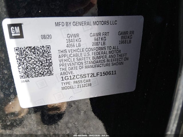 2020 Chevrolet Malibu Fwd 1fl მანქანა იყიდება აუქციონზე, vin: 1G1ZC5ST2LF150611, აუქციონის ნომერი: 46039464