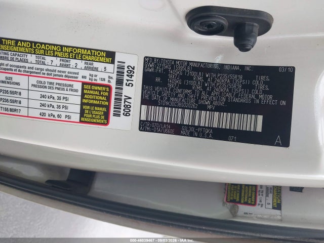 46039467 :رقم المزاد ، 5TDYK3DC3BS020262 vin ، 2011 Toyota Sienna Ltd مزاد بيع
