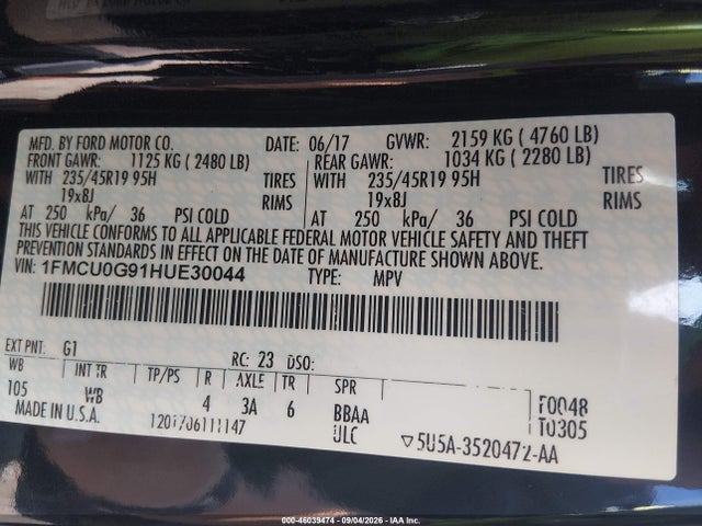 46039474 :رقم المزاد ، 1FMCU0G91HUE30044 vin ، 2017 Ford Escape Se مزاد بيع