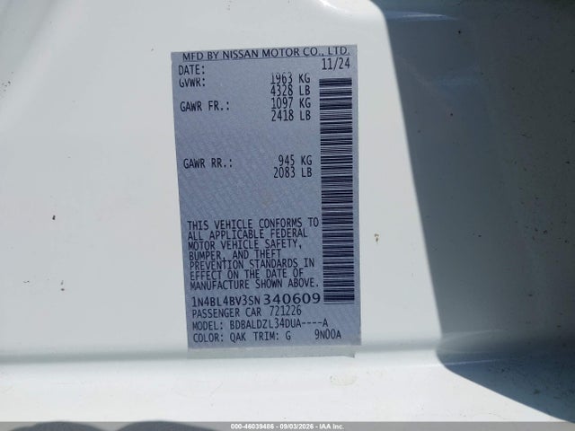 Продаж на аукціоні авто 2025 Nissan Altima S Fwd, vin: 1N4BL4BV3SN340609, номер лоту: 46039486