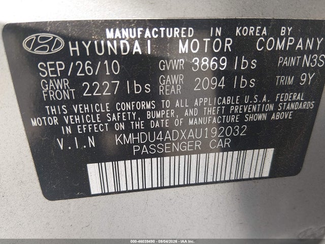 46039490 :رقم المزاد ، KMHDU4ADXAU192032 vin ، 2010 Hyundai Elantra Gls مزاد بيع