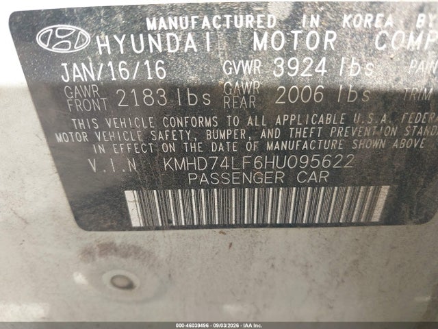 2017 Hyundai Elantra Se მანქანა იყიდება აუქციონზე, vin: KMHD74LF6HU095622, აუქციონის ნომერი: 46039496