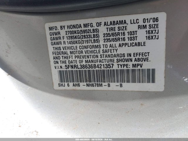 46039508 :رقم المزاد ، 5FNRL38636B421357 vin ، 2006 Honda Odyssey Ex-l مزاد بيع