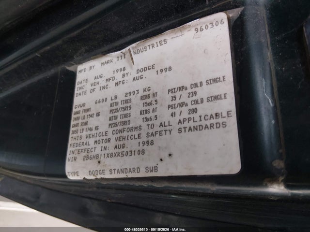Aukcja sprzedaży 1999 Dodge Ram Van 1500 Commercial/conversion, vin: 2B6HB11X8XK503108, numer aukcji: 46039510