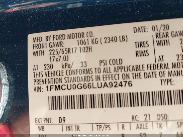 Aukcja sprzedaży 2020 Ford Escape Se, vin: 1FMCU0G66LUA92476, numer aukcji: 46039512
