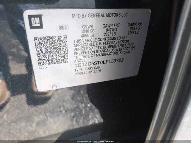 46039525 :رقم المزاد ، 1G1ZC5ST0LF150722 vin ، 2020 Chevrolet Malibu Fwd 1fl مزاد بيع