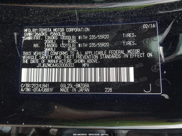 46039530 :رقم المزاد ، JTJBZMCA4G2008303 vin ، 2016 Lexus Rx 350 مزاد بيع
