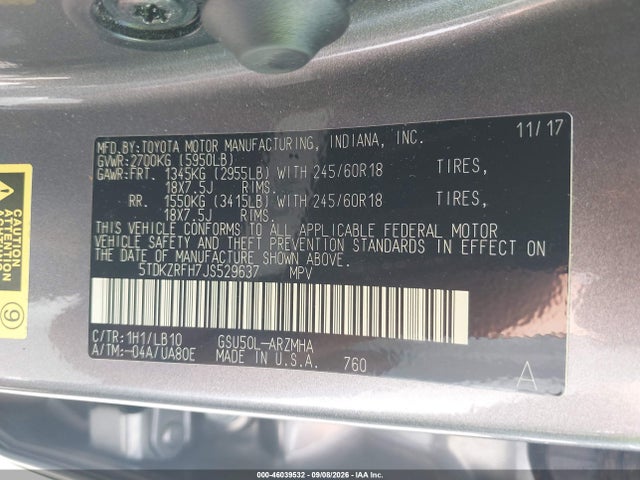 2018 Toyota Highlander Xle მანქანა იყიდება აუქციონზე, vin: 5TDKZRFH7JS529637, აუქციონის ნომერი: 46039532