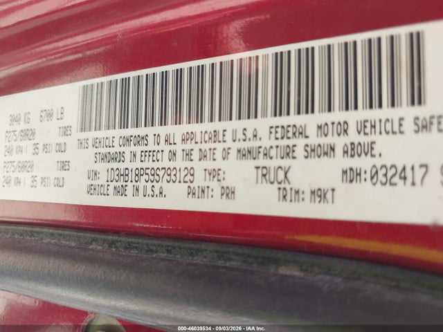 46039534 :رقم المزاد ، 1D3HB18P59S793129 vin ، 2009 Dodge Ram 1500 Slt/sport/trx مزاد بيع