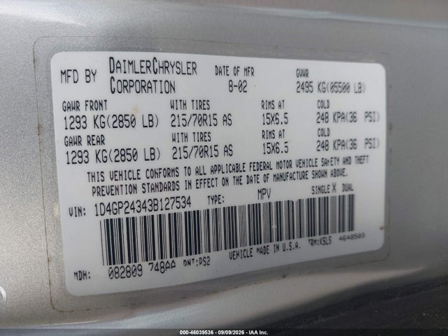 Продаж на аукціоні авто 2003 Dodge Grand Caravan Se, vin: 1D4GP24343B127534, номер лоту: 46039536
