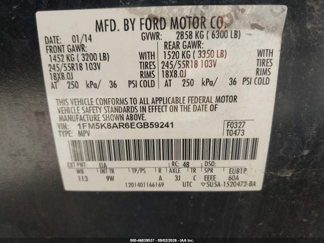 46039537 :رقم المزاد ، 1FM5K8AR6EGB59241 vin ، 2014 Ford Utility Police Interceptor مزاد بيع