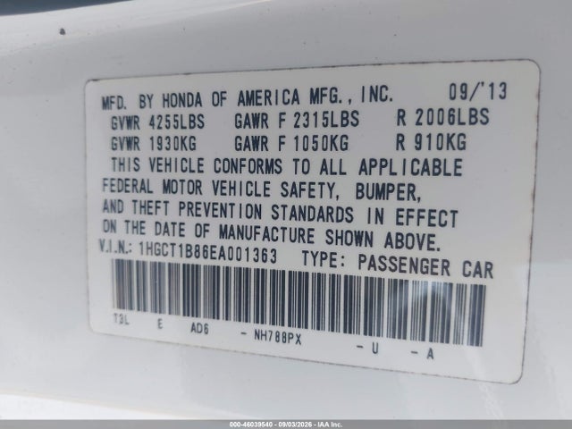 Auction sale of the 2014 Honda Accord Ex-l, vin: 1HGCT1B86EA001363, lot number: 46039540