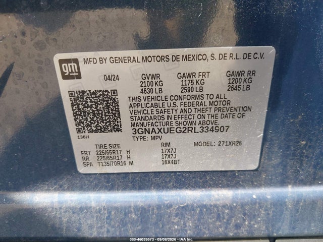 2024 Chevrolet Equinox Awd Lt მანქანა იყიდება აუქციონზე, vin: 3GNAXUEG2RL334907, აუქციონის ნომერი: 46039573
