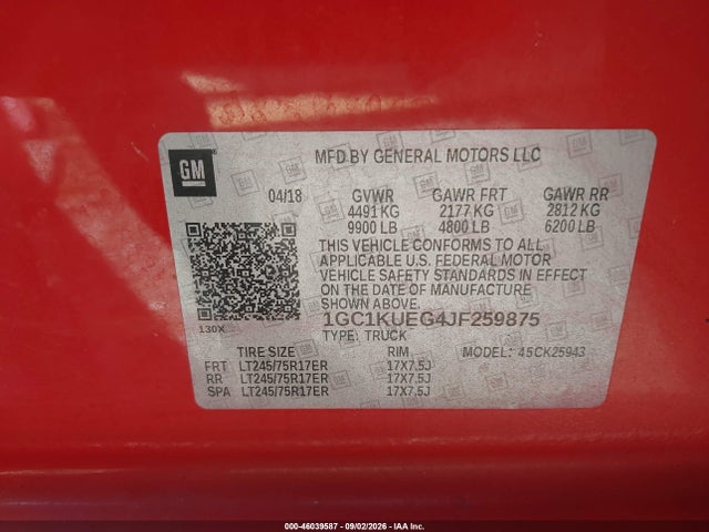 2018 Chevrolet Silverado 2500hd Wt მანქანა იყიდება აუქციონზე, vin: 1GC1KUEG4JF259875, აუქციონის ნომერი: 46039587
