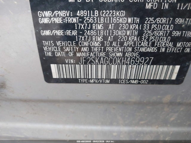 2019 Subaru Forester Premium მანქანა იყიდება აუქციონზე, vin: JF2SKAGC0KH469927, აუქციონის ნომერი: 46039588