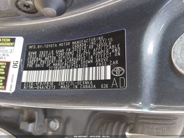46039607 :رقم المزاد ، 2T1BURHE9FC341106 vin ، 2015 Toyota Corolla Le Plus مزاد بيع