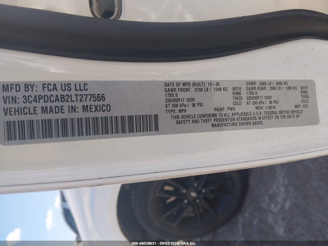 Aukcja sprzedaży 2020 Dodge Journey Se Value, vin: 3C4PDCAB2LT277566, numer aukcji: 46039631