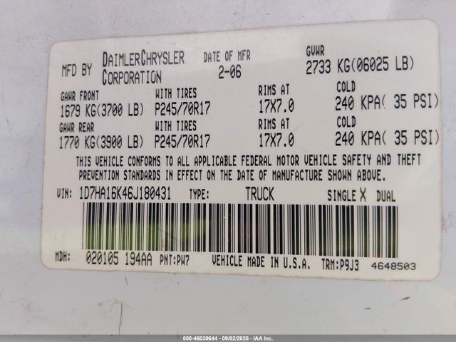46039644 :رقم المزاد ، 1D7HA16K46J180431 vin ، 2006 Dodge Ram 1500 St مزاد بيع