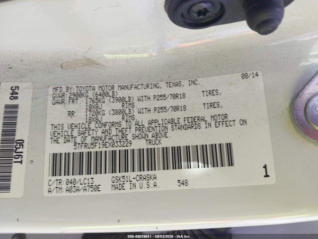 2014 Toyota Tundra Sr V6 მანქანა იყიდება აუქციონზე, vin: 5TFRU5F19EX033229, აუქციონის ნომერი: 46039651