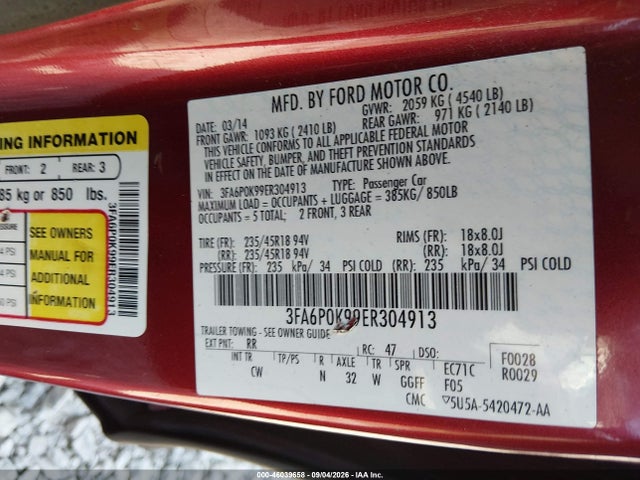 Продаж на аукціоні авто 2014 Ford Fusion Titanium, vin: 3FA6P0K99ER304913, номер лоту: 46039658