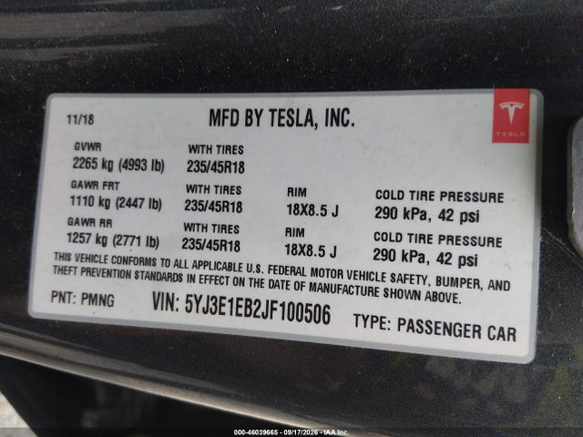 Продаж на аукціоні авто 2018 Tesla Model 3 Long Range/performance, vin: 5YJ3E1EB2JF100506, номер лоту: 46039665