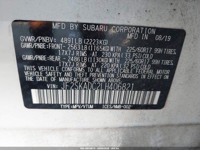 Продаж на аукціоні авто 2020 Subaru Forester, vin: JF2SKADC2LH406821, номер лоту: 46039675