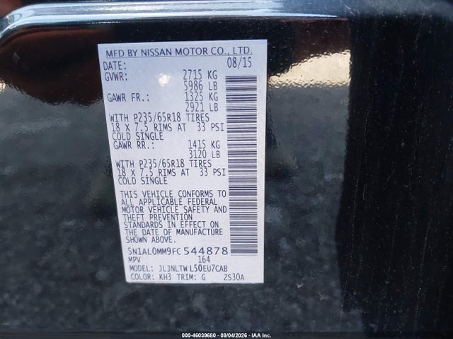 2015 Infiniti Qx60 მანქანა იყიდება აუქციონზე, vin: 5N1AL0MM9FC544878, აუქციონის ნომერი: 46039680