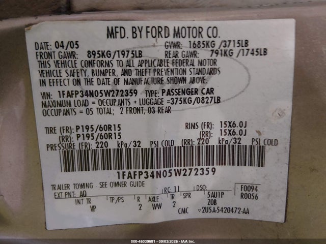 2005 Ford Focus Zx4 მანქანა იყიდება აუქციონზე, vin: 1FAFP34N05W272359, აუქციონის ნომერი: 46039681