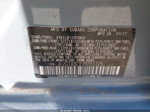 46039683 :رقم المزاد ، JF2GTABCXJ9211725 vin ، 2018 Subaru Crosstrek 2.0i Premium مزاد بيع