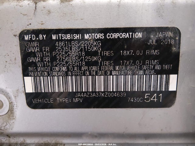 2019 Mitsubishi Outlander Es მანქანა იყიდება აუქციონზე, vin: JA4AZ3A37KZ004639, აუქციონის ნომერი: 46039684