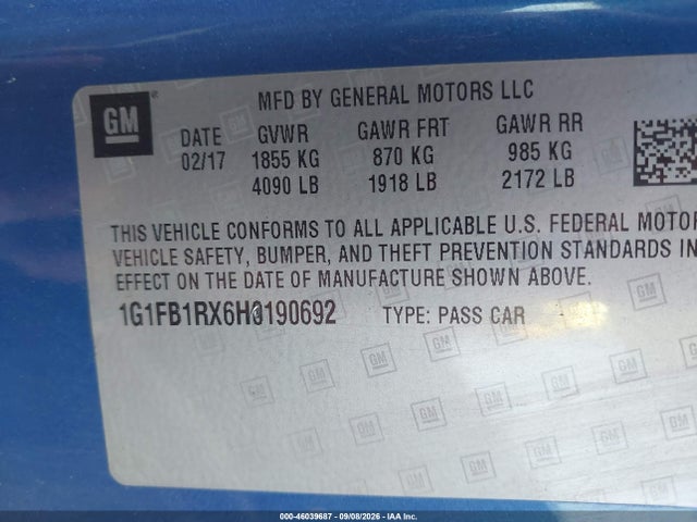 46039687 :رقم المزاد ، 1G1FB1RX6H0190692 vin ، 2017 Chevrolet Camaro 1lt مزاد بيع
