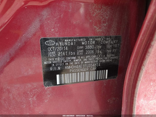 Aukcja sprzedaży 2015 Hyundai Elantra Se, vin: KMHDH4AE1FU354814, numer aukcji: 46039689