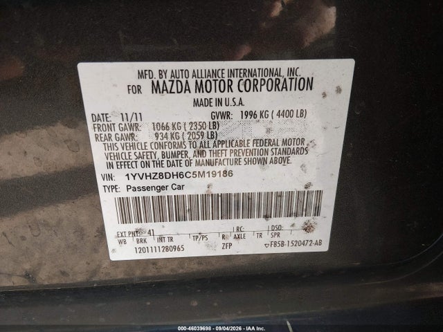 Aukcja sprzedaży 2012 Mazda Mazda6 I Touring, vin: 1YVHZ8DH6C5M19186, numer aukcji: 46039698