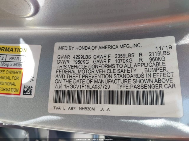 Aukcja sprzedaży 2020 Honda Accord Lx, vin: 1HGCV1F19LA037729, numer aukcji: 46039704