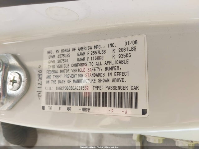 46039708 :رقم المزاد ، 1HGCP36858A031582 vin ، 2008 Honda Accord 3.5 Ex-l مزاد بيع